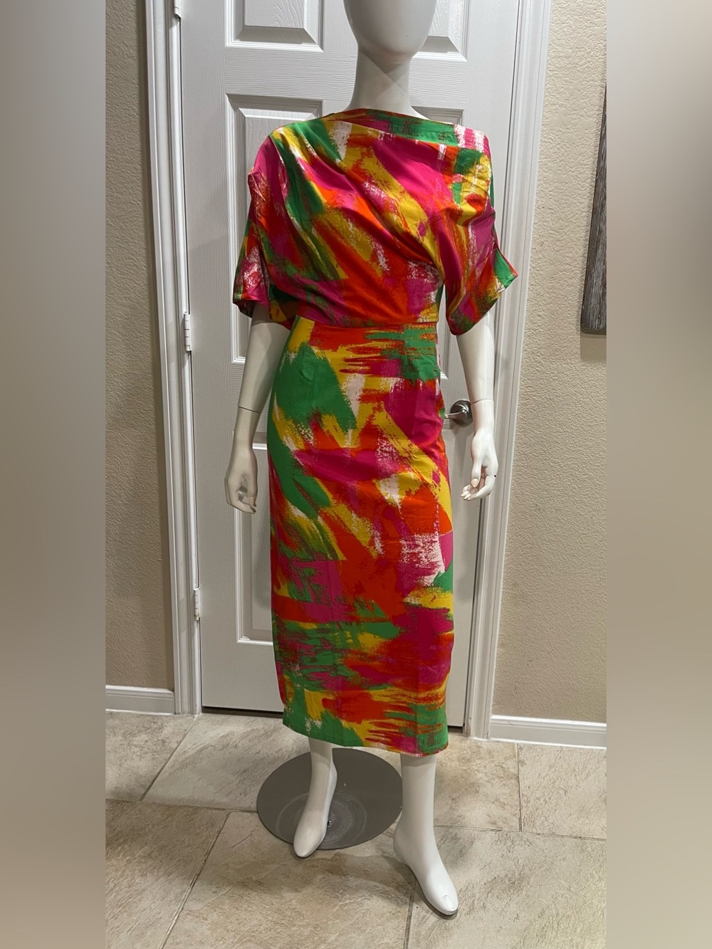 Le Victoria Art Print Draped One‑Shoulder Midi Dress Size 8 - NWT
